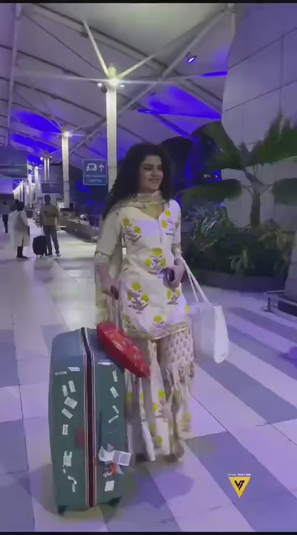 White Cotton Floral Printed Kurti with Sharara Dupatta Set