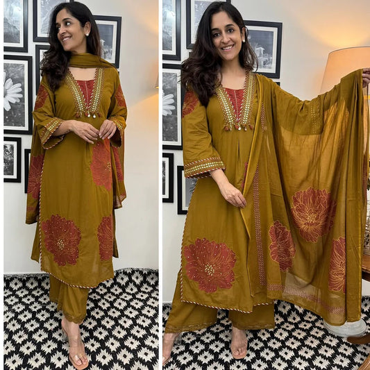 Machine sequin embroidered A line kurta with embroidered lace with lace detailed palazzo printed cotton dupatta