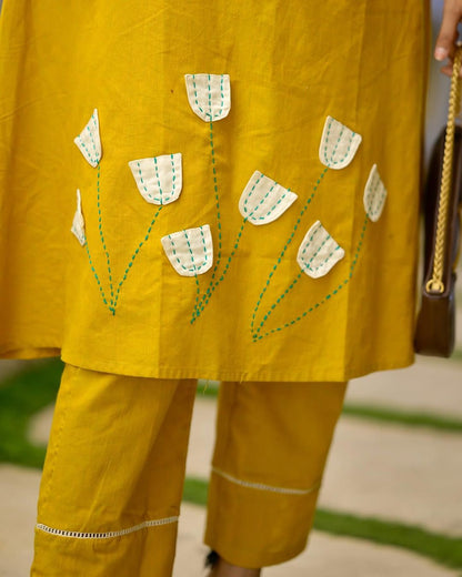 Yellow embroidered Kurta with Trousers