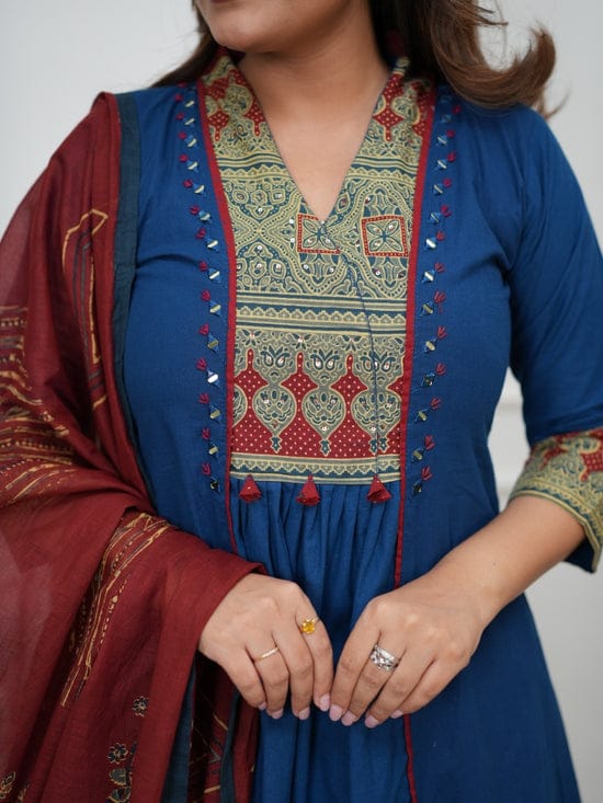 Women Cotton Anarkali Kurta Set with Mirror Work & Dupatta