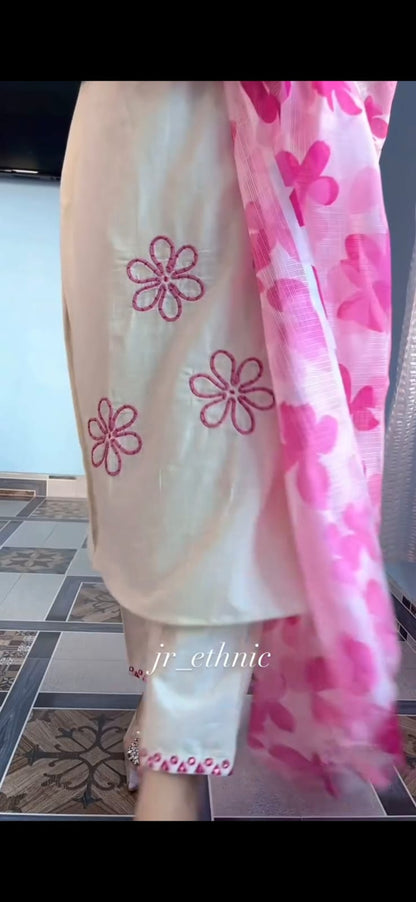 Hand Work Soft Cotton Kurta Pant Dupatta Set