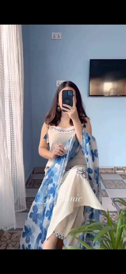 Hand Work Soft Cotton Kurta Pant Dupatta Set