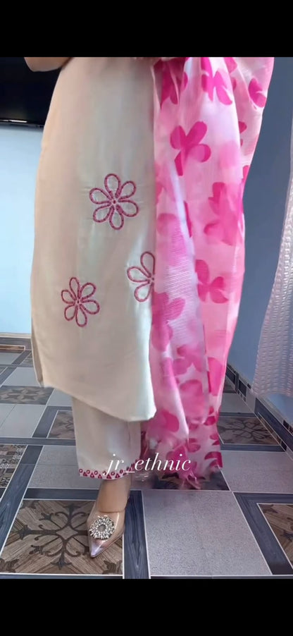 Hand Work Soft Cotton Kurta Pant Dupatta Set